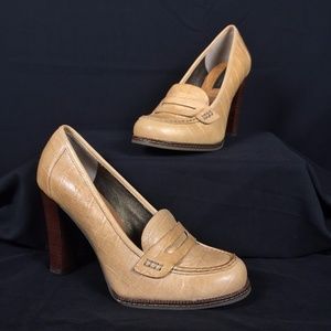 Tan Croc Embossed Leather High Heel Penny Loafers